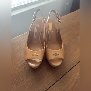 Coach Beige Peep-Toe Slingback Wedges